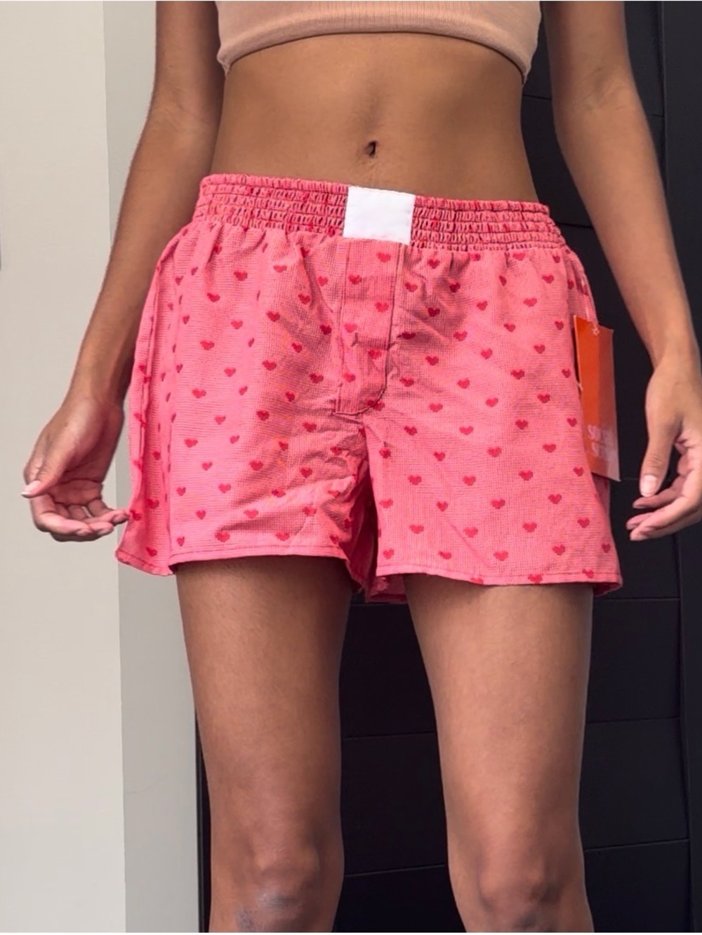 Coral Pink Heart-Print Lounge Bermudas with Elastic Waist